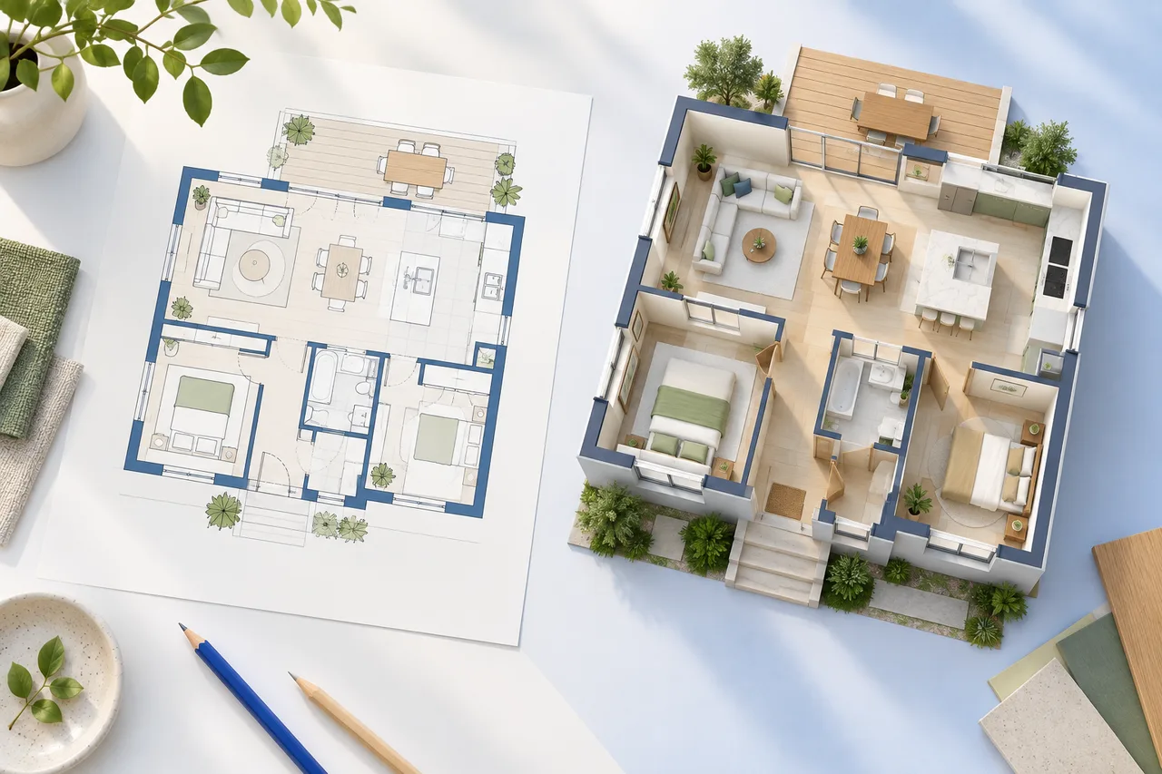 A clean top-down paper floor plan beside a matching isometric roofless home maquette, warm cream studio, harmonious muted green details.