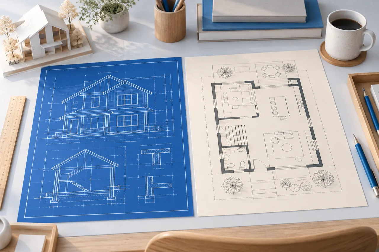 A blue technical drawing and an ivory monochrome plan placed side by side on a neat design desk, abstract original linework without legible text.