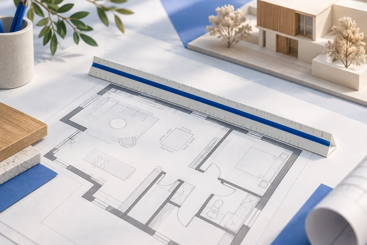 An architects ruler aligned with one long wall of a monochrome plan and a small architectural model in the background, precise but no readable numbers.