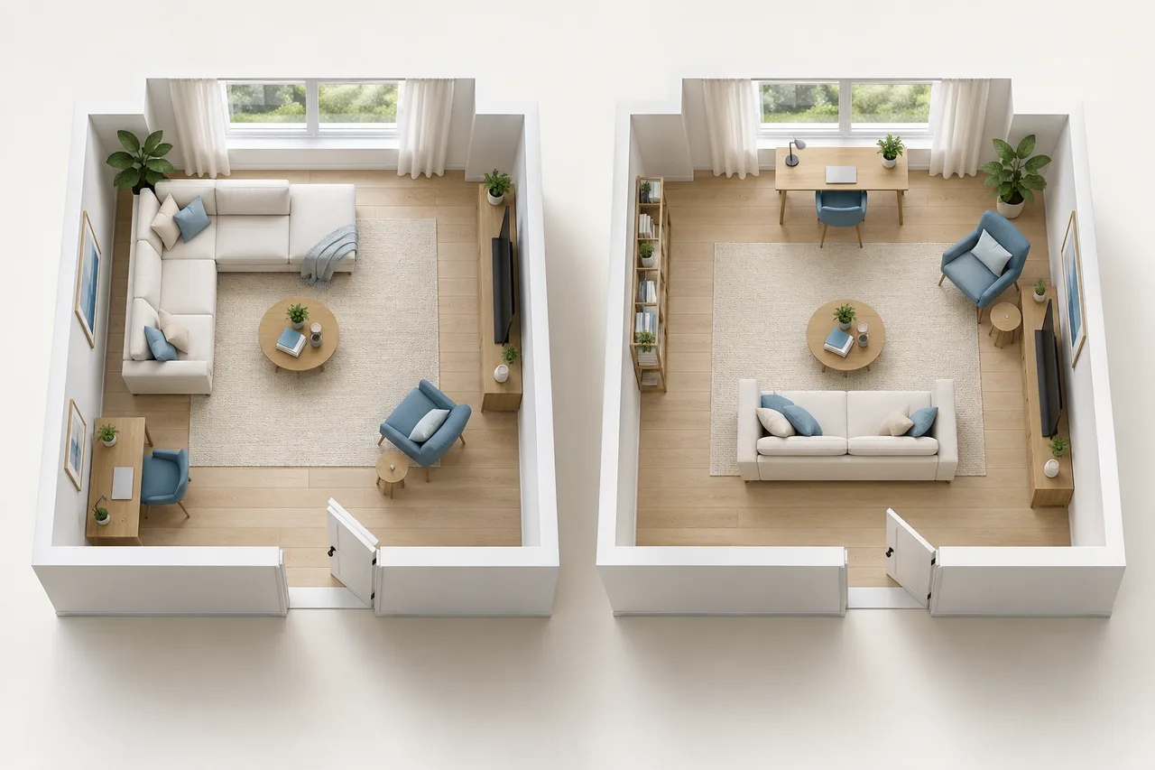 Two matching room maquettes with different sofa and desk arrangements side by side on warm ivory background, clear comparable proportions.
