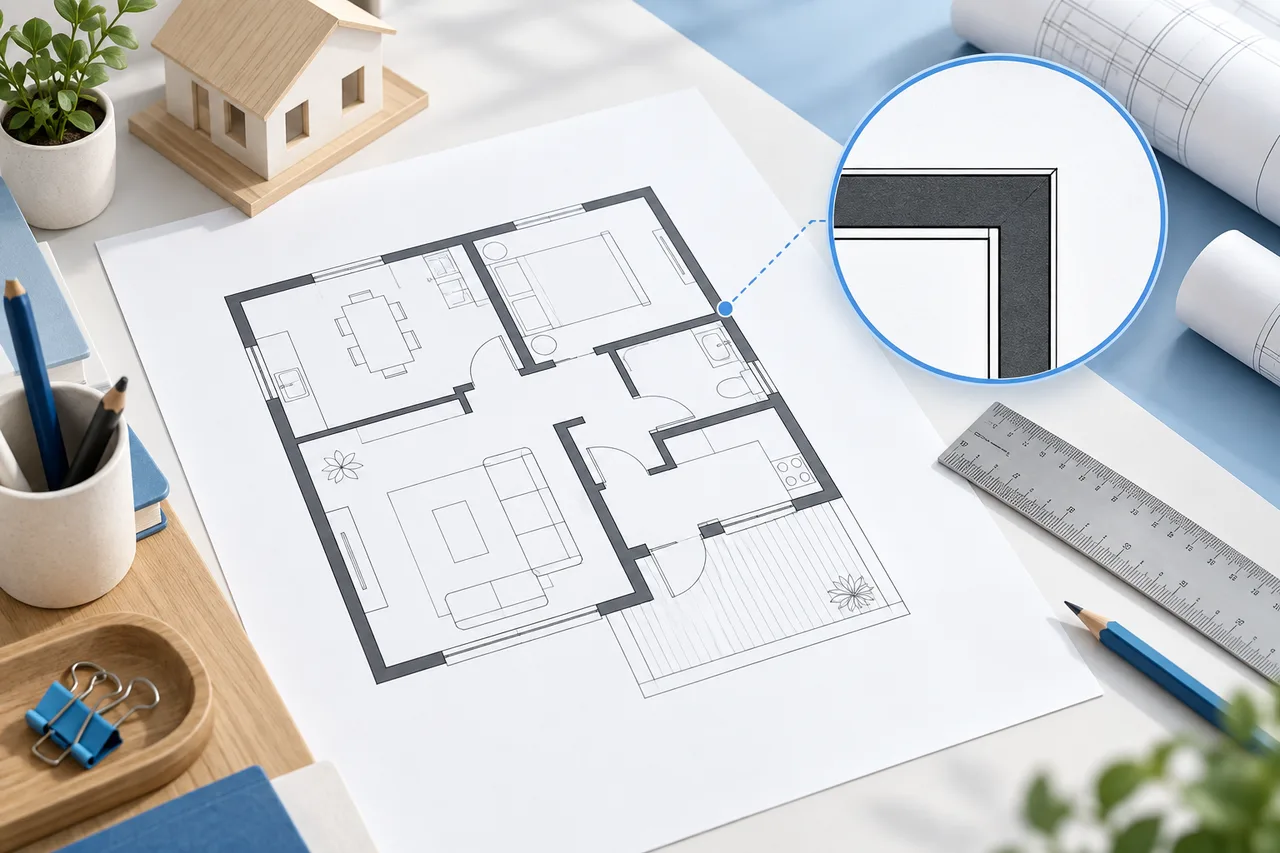 A crisp vector-style architectural outline presented on a white print sheet beside a magnified sharp corner and drafting ruler, editorial design study.