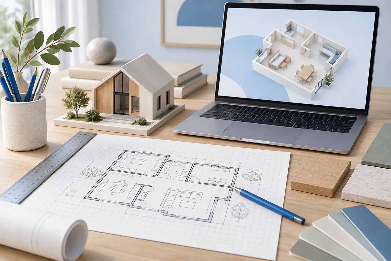 An architects organized toolkit: grid paper with plan, ruler, pencil, small house model and laptop with abstract blank workspace, cream and sage.