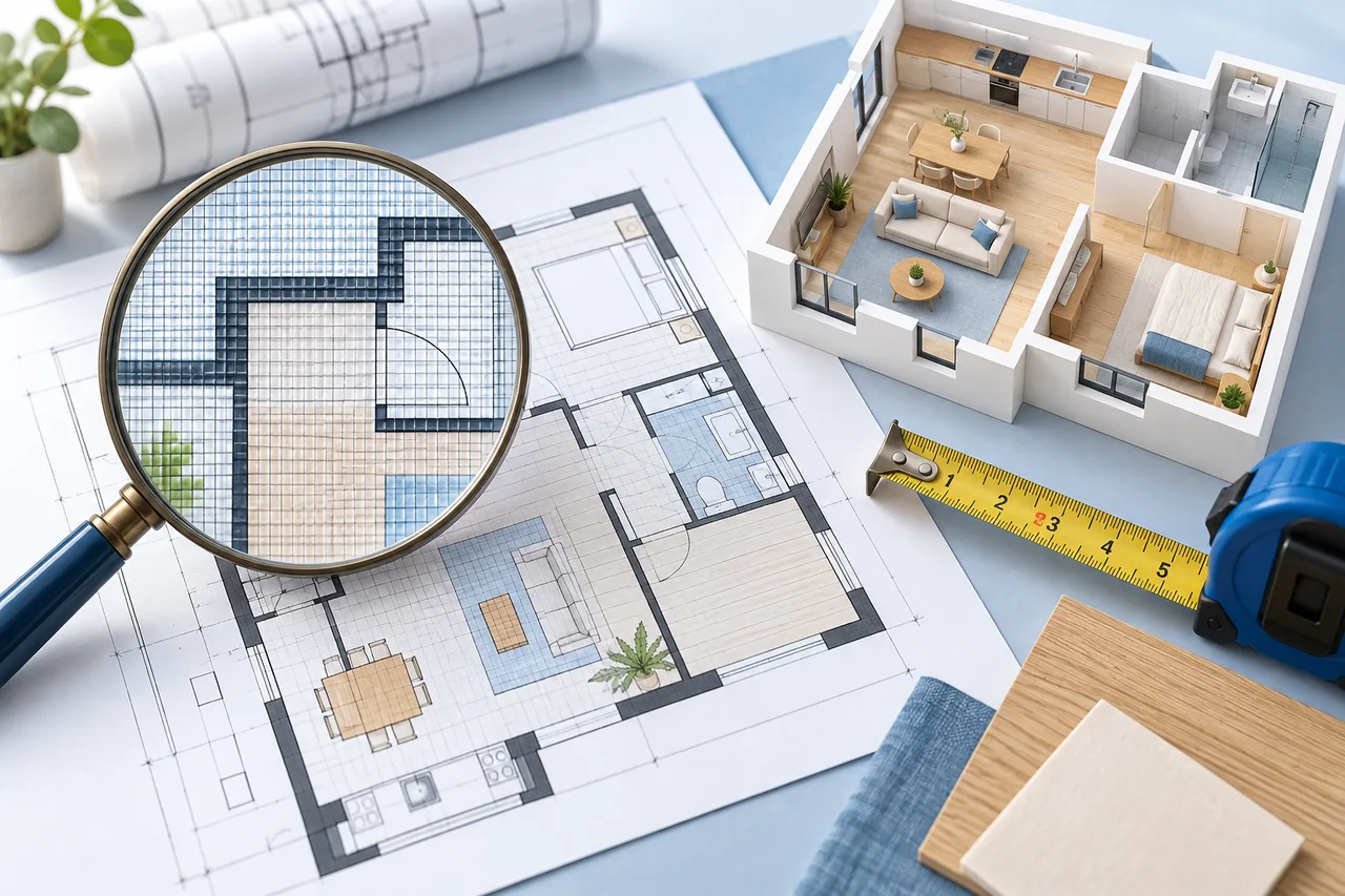 A single plan sheet beneath a magnifying lens revealing a pixel-like grid, beside a real measuring tape and room model, conceptual scale lesson.