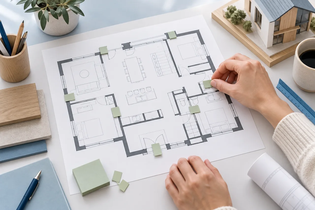 An original paper floor plan with a few removable sage sticky markers on wall corners and door locations, careful review scene, no readable writing.