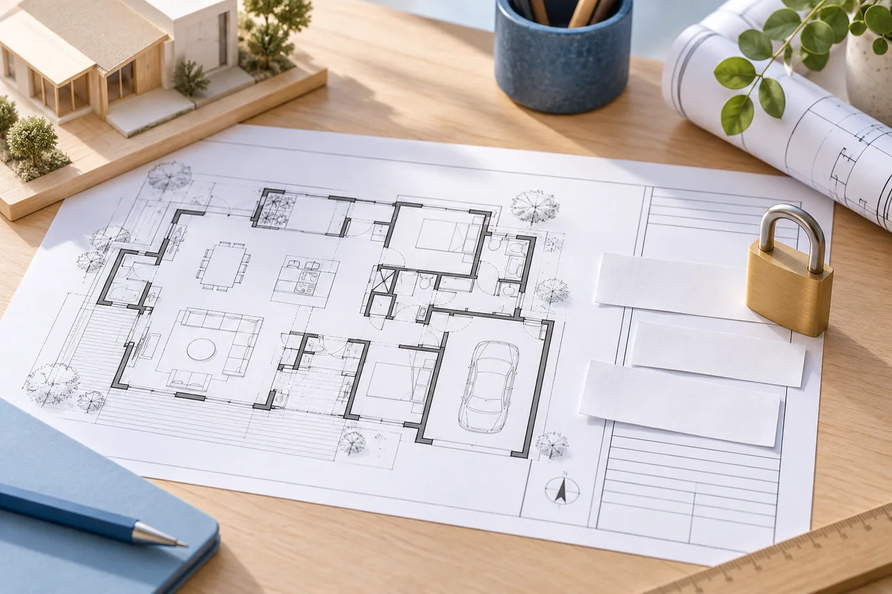 A plan sheet with personal title-block details covered by plain opaque paper strips, a small lock-shaped object nearby, restrained privacy concept.