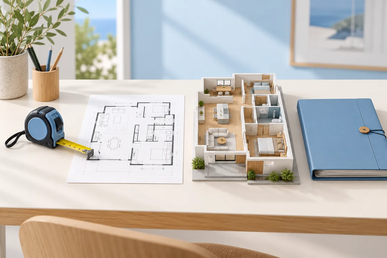 Conceptual illustration of a floor-plan drawing beside an open-top house model.