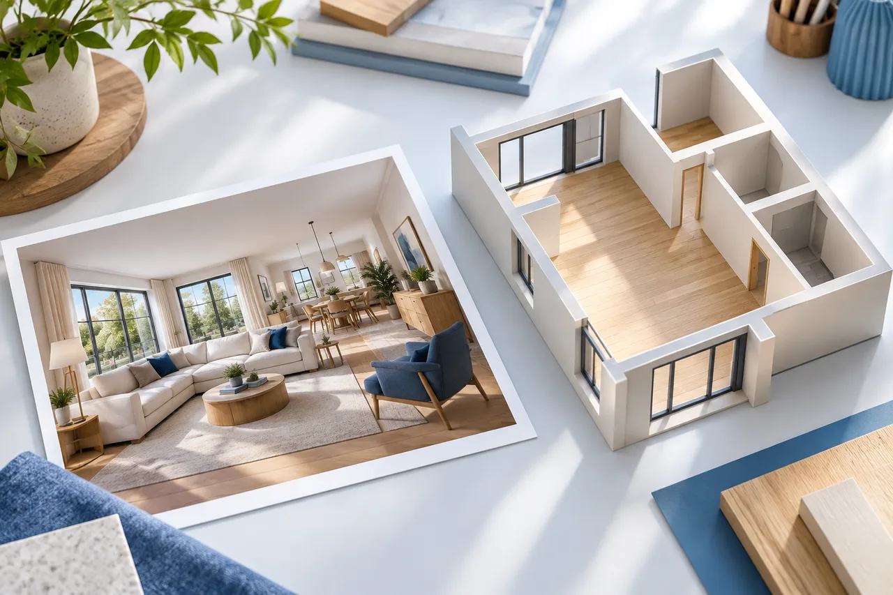 Conceptual architectural model illustration for a modeling and rendering workflow.