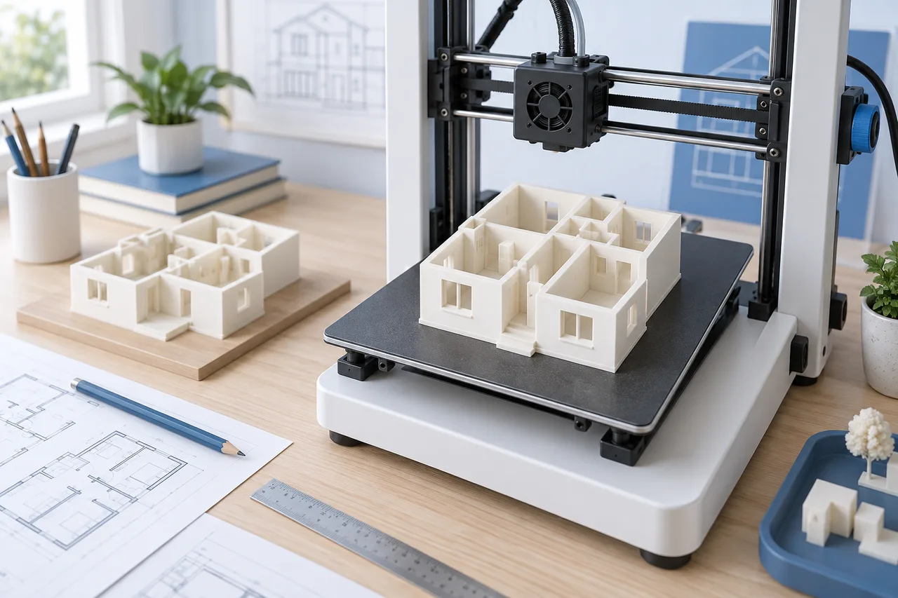 An ivory roofless house model on a compact 3D printer bed with a spare model beside it, orderly studio, plausible geometry and no branding.
