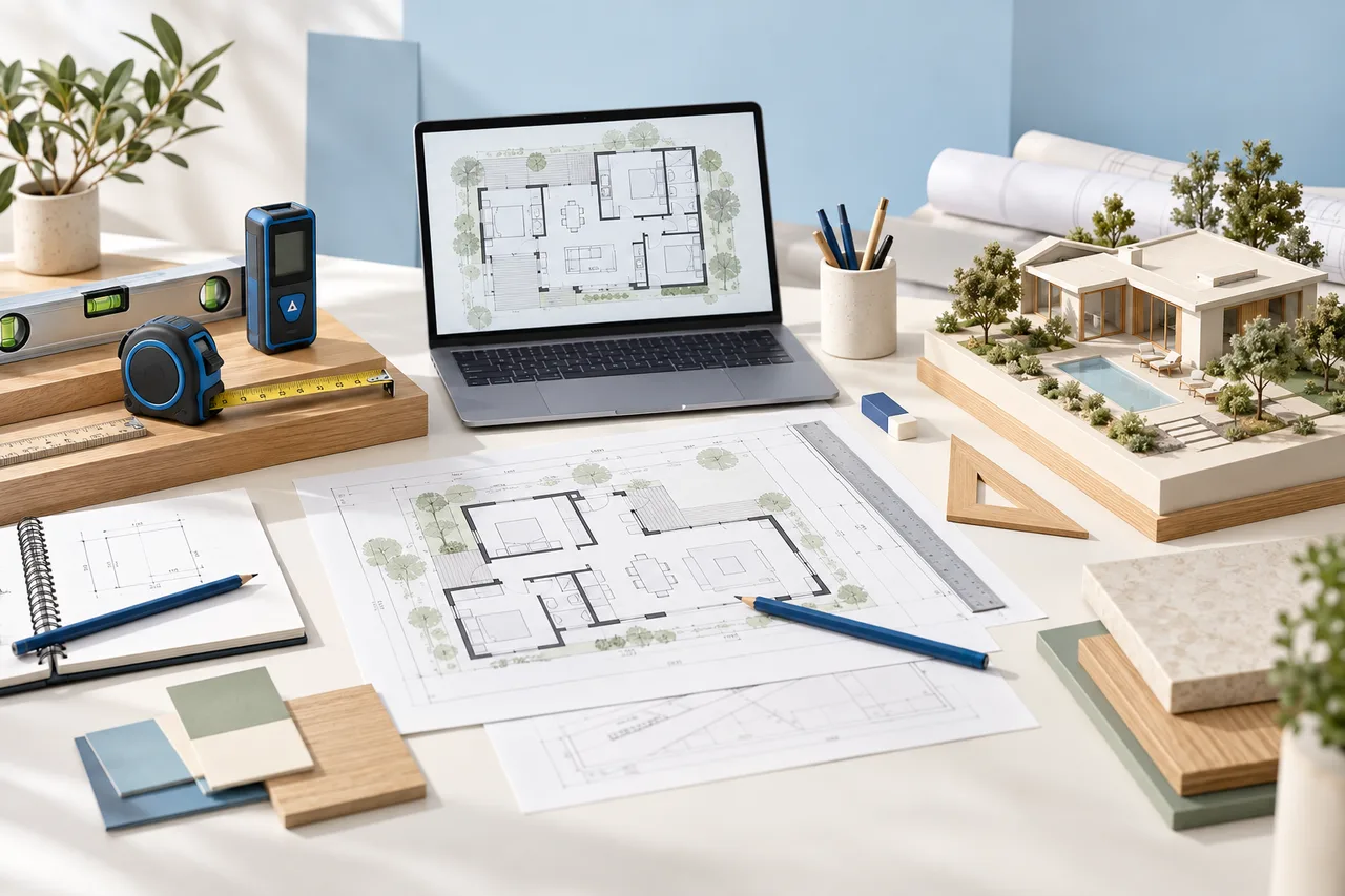 Conceptual illustration accompanying a comparison of home-design workflows.