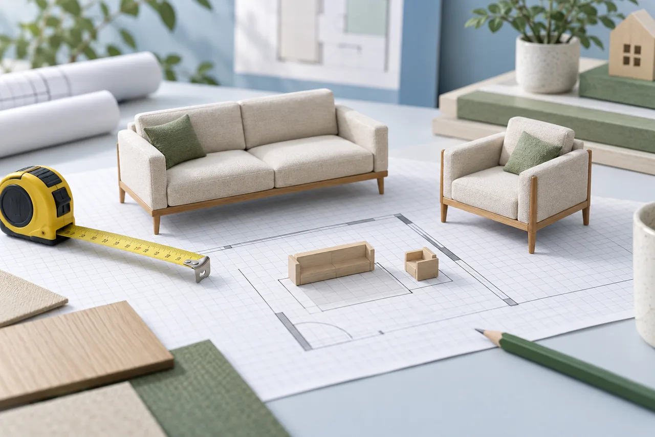 A simple sofa and chair with a tape measure and corresponding miniature blocks on graph paper, natural proportions and muted green accents.