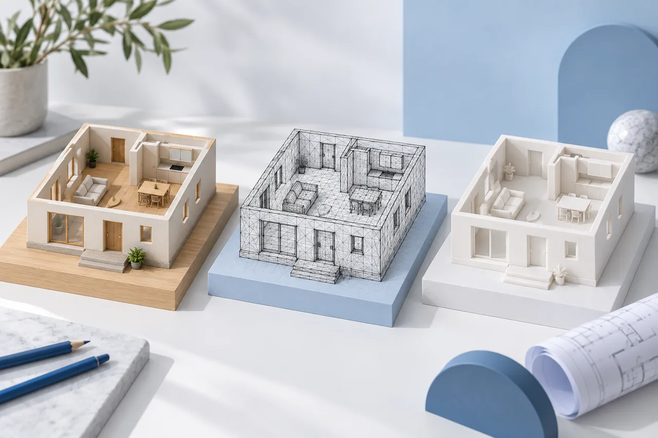 Three identical small roofless house maquettes shown as shaded material model, wire mesh model and solid monochrome model, spaced studio comparison.