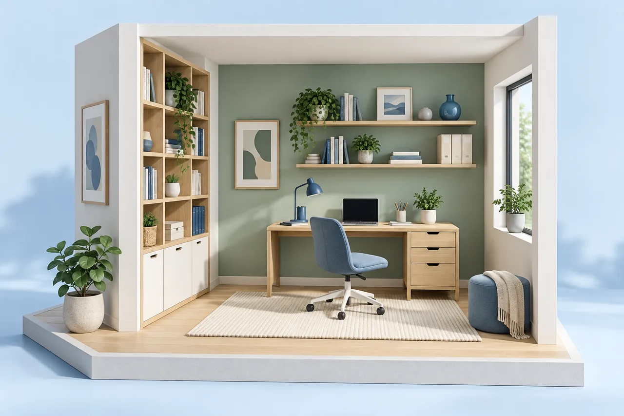 A bright compact home office architectural cutaway with desk, chair pulled back, shelves and side window, muted green and ivory.