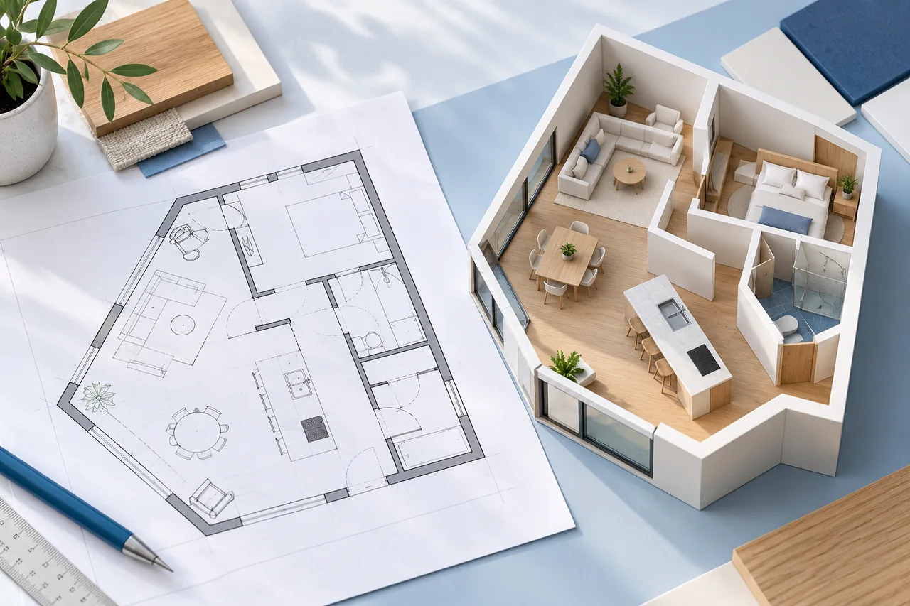 An original paper plan with one angled exterior wall next to an angular roofless house maquette, carefully constructed polygon room footprint.