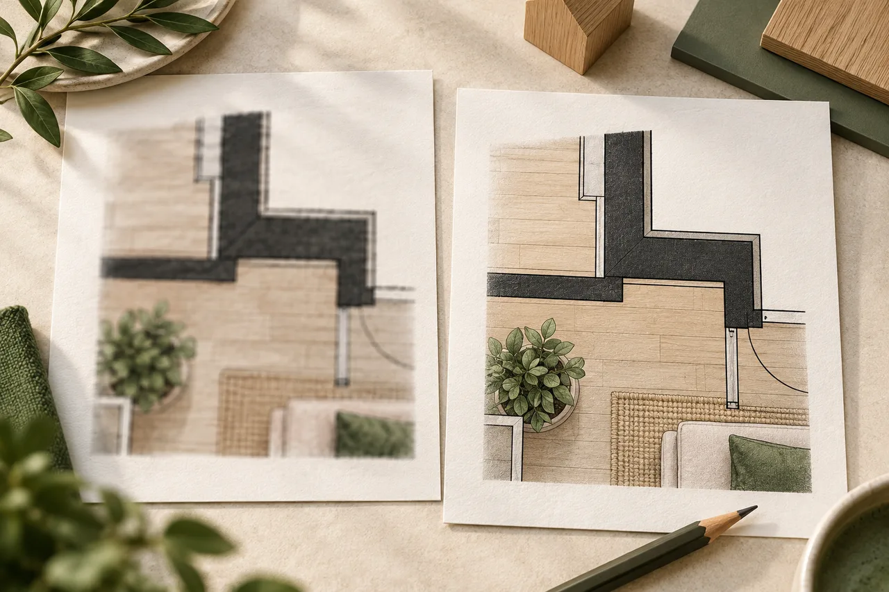 Two side-by-side paper closeups of the same dark wall intersection, one subtly soft and one crisp, elegant editorial macro architectural study.