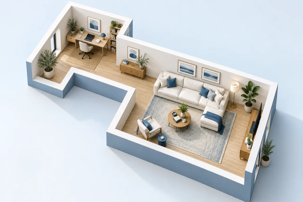 An unmistakably L-shaped roofless room model with a small work zone in the short leg and seating in the long leg, overhead isometric.