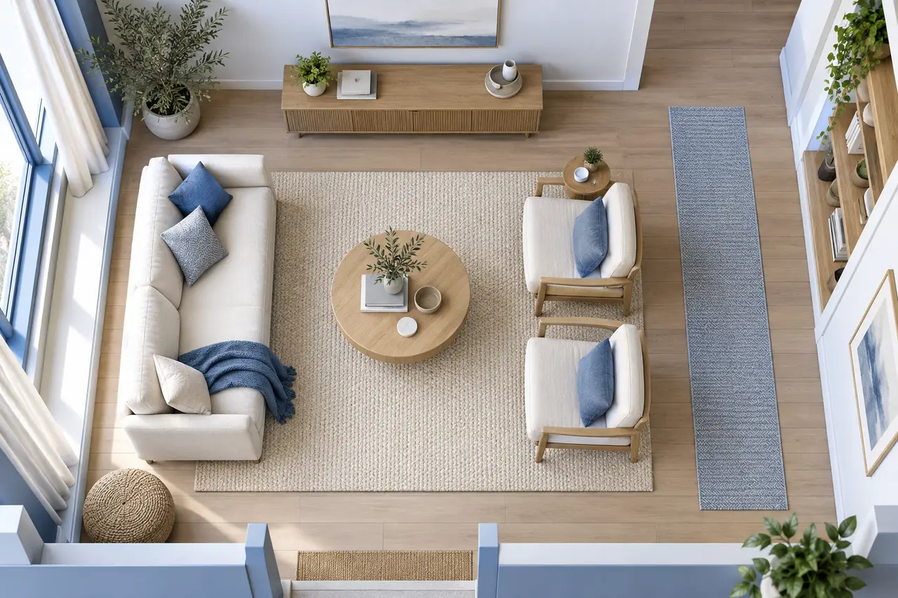 An overhead stylish modest living room with two seating pieces facing a low table, clear route along one side, soft muted materials.