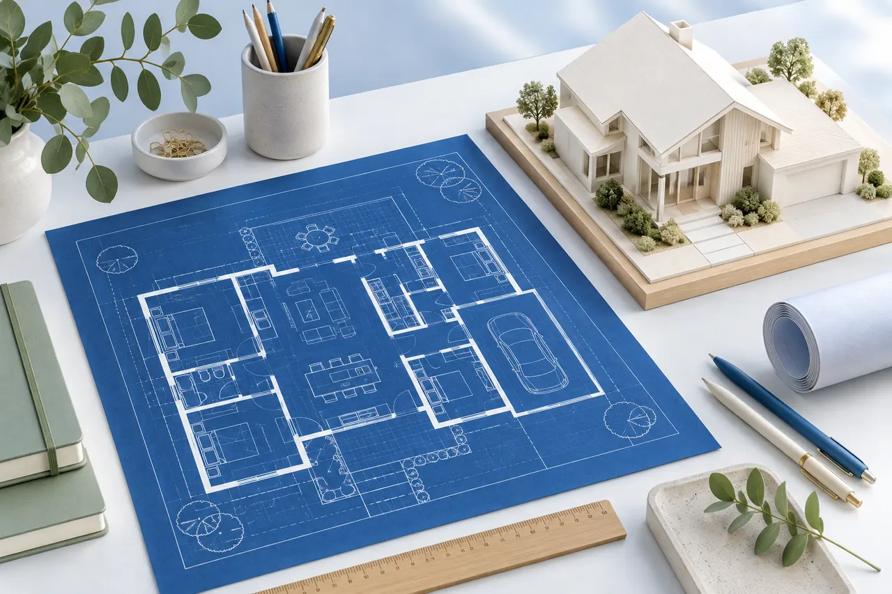 A rich midnight-blue blueprint sheet with clean white wall outlines next to a simple ivory house model, tasteful sage stationery.