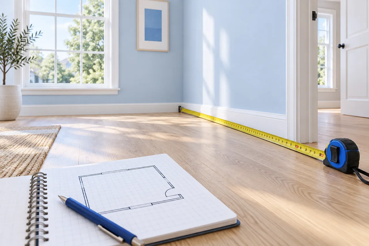 An unfurnished bright room with a tape measure extended along the baseboard and a notebook showing a simple room outline, natural daylight.