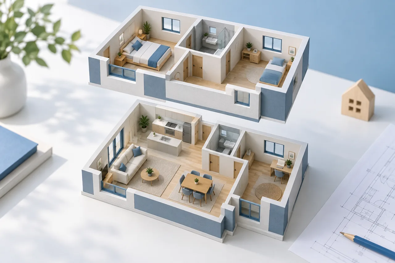 Conceptual illustration accompanying a guide to separate floor plans.