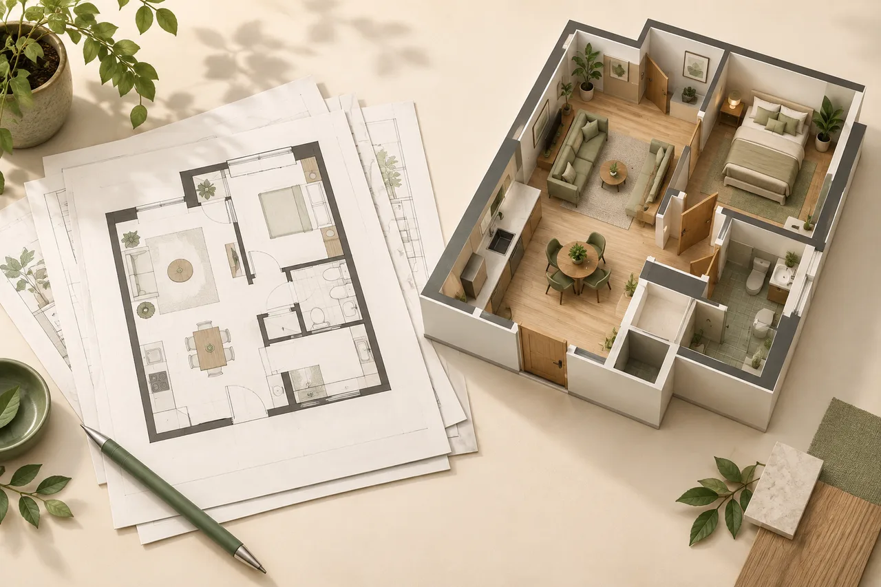 A small stack of architectural paper pages with one clean plan selected beside an open-top scale apartment model, cream backdrop.
