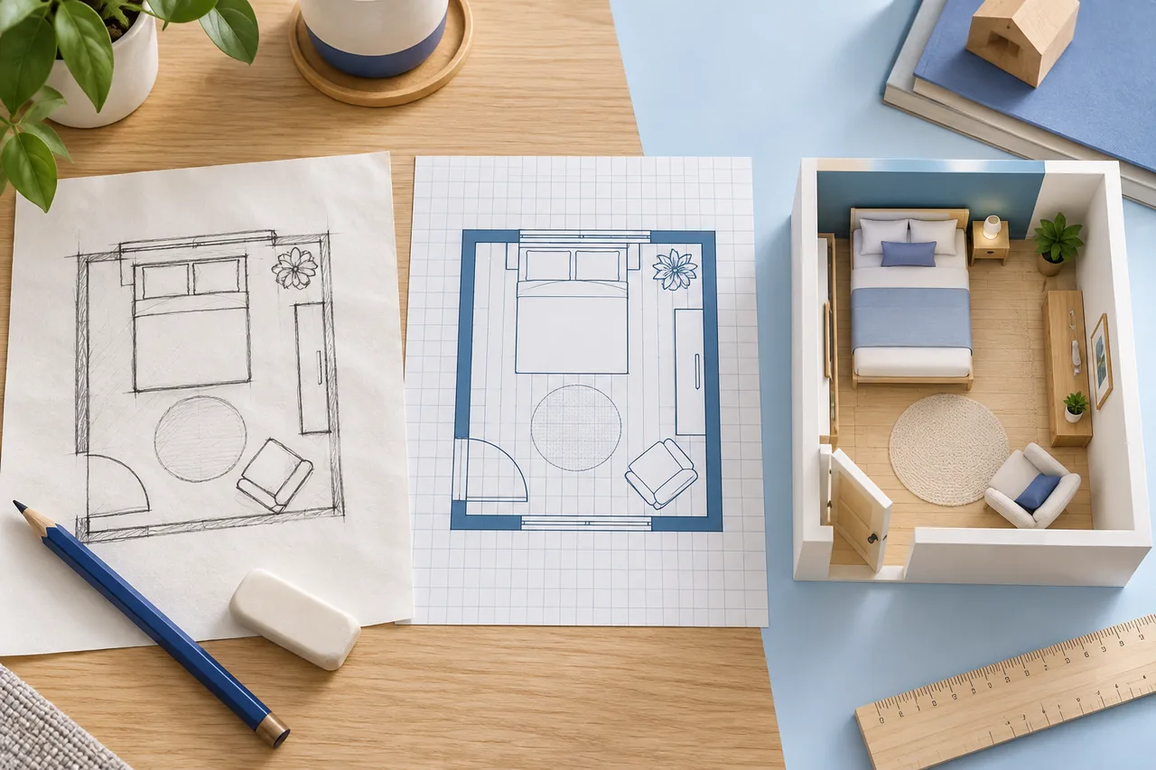 A hand-drawn simple room sketch on plain paper next to a tidier grid drawing and a minimal room model, pencil and eraser, honest modest setting.