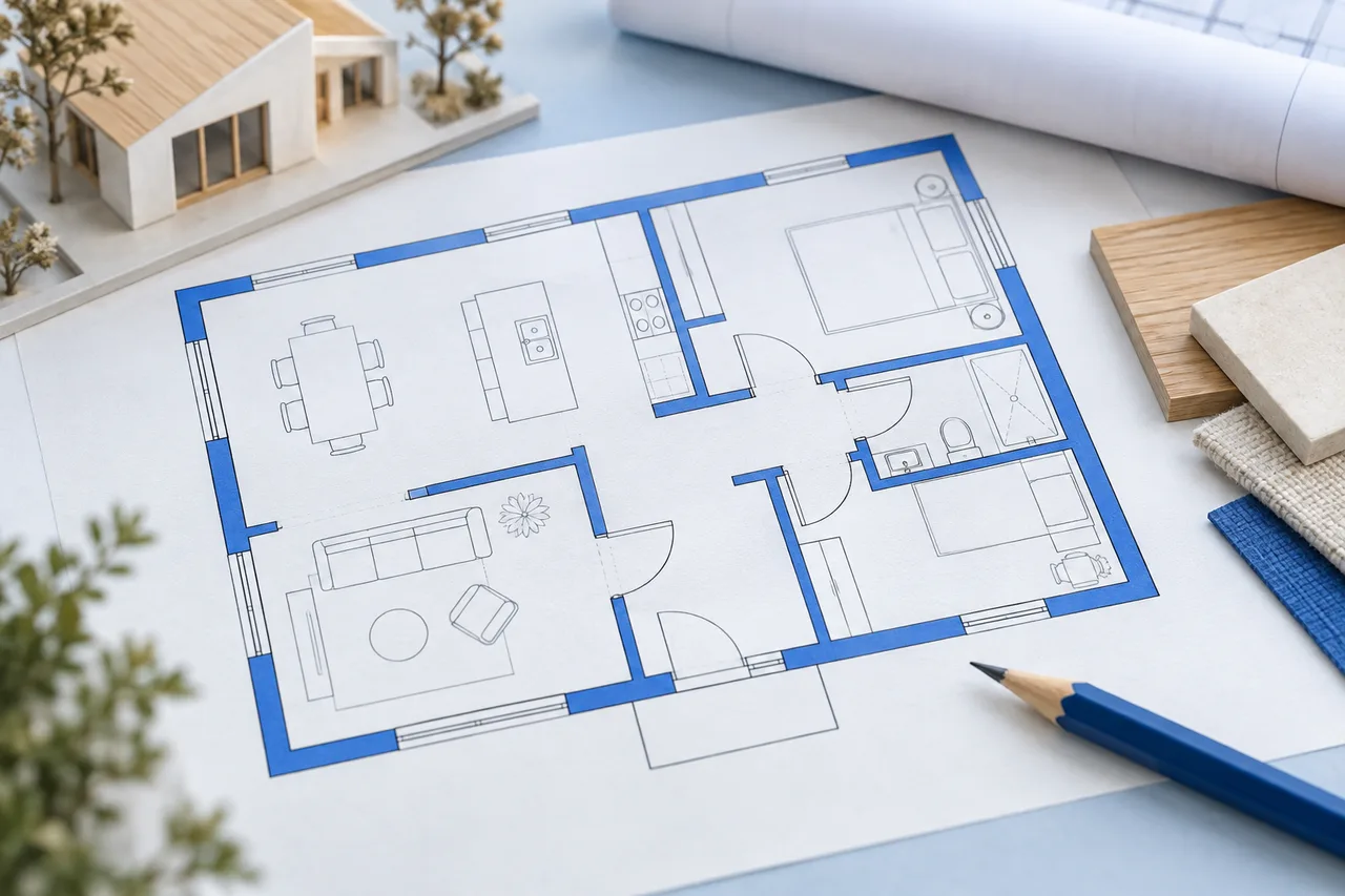 Close-up of an original architectural plan showing wall lines, door swing arcs and window marks, pencil nearby, no text or invented dimension labels.