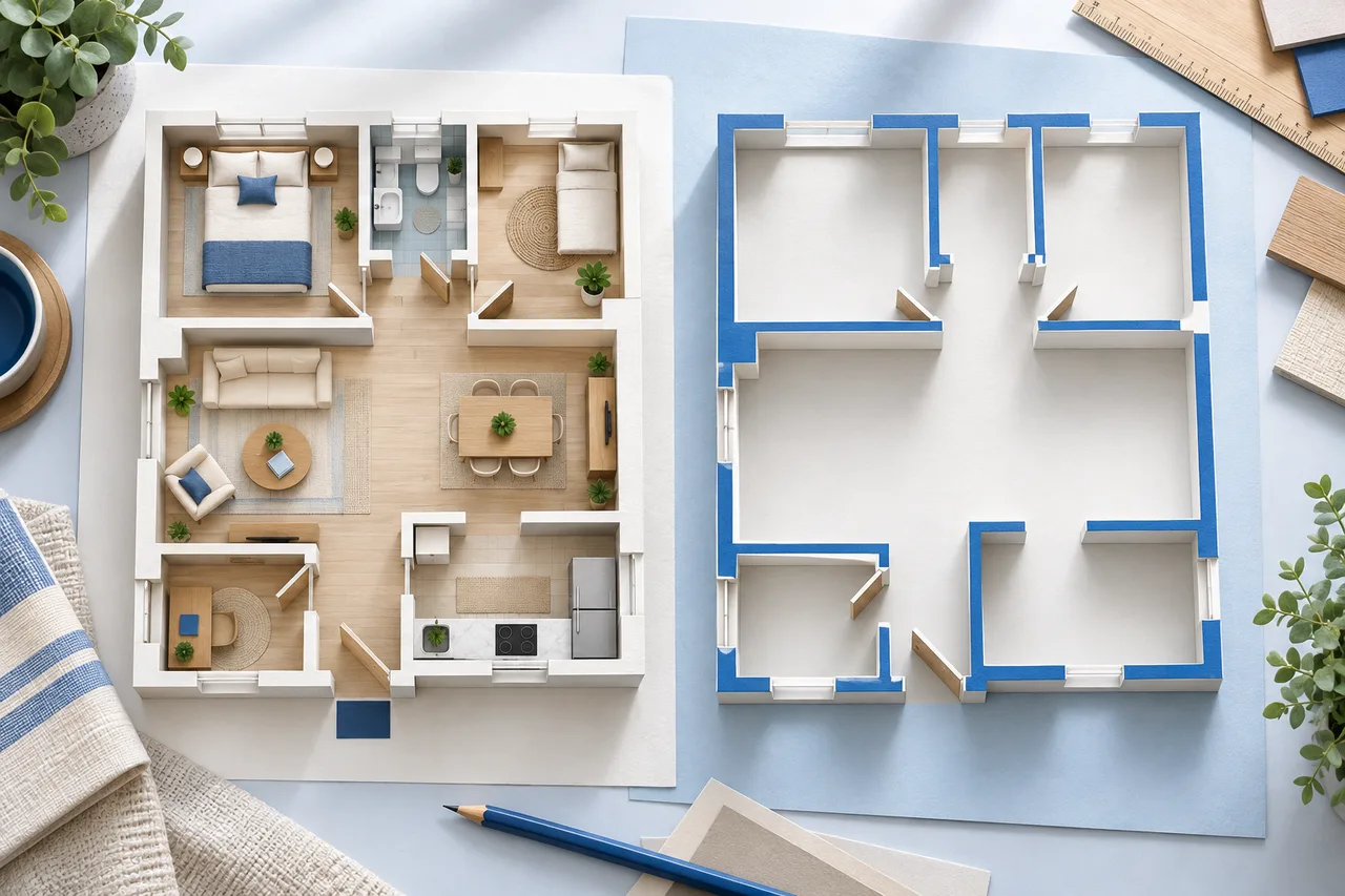 An overhead comparison of a busy furnished paper apartment plan and a clear walls-only paper drawing, tidy editorial composition.