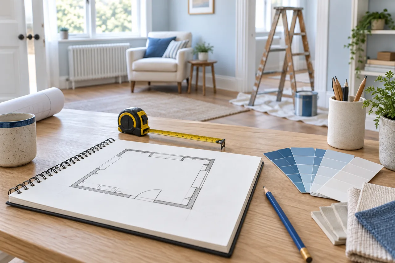 A real modest room with a sketchbook showing its existing outline, tape measure and paint samples on a worktable, calm realistic editorial photo.