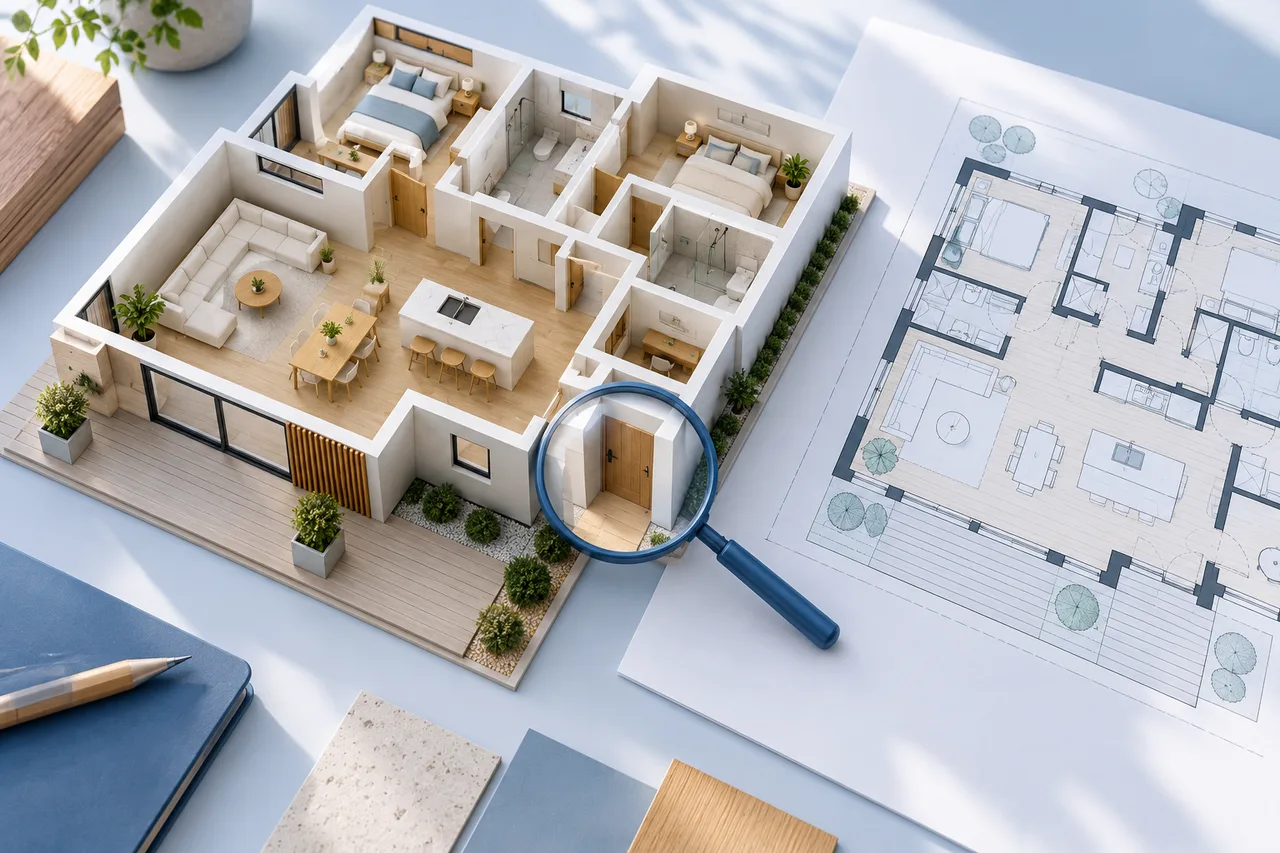 An architectural maquette viewed from above with its original plan beside it, a small magnifier resting near a doorway for a careful geometry review.