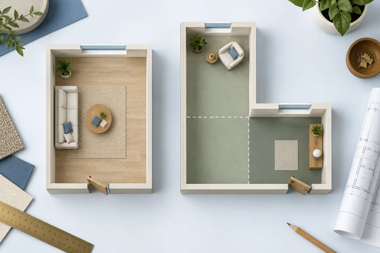 Two minimal overhead floor shapes, one rectangle and one L shape subdivided into two clean rectangles with contrasting sage tones, visual math concept without text.