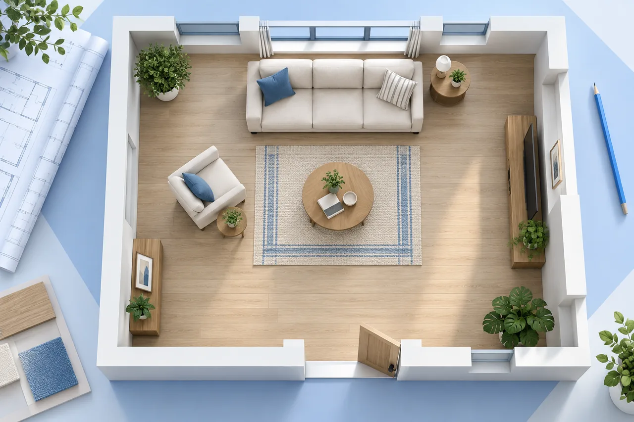 Conceptual room-layout illustration for reviewing furniture relationships.