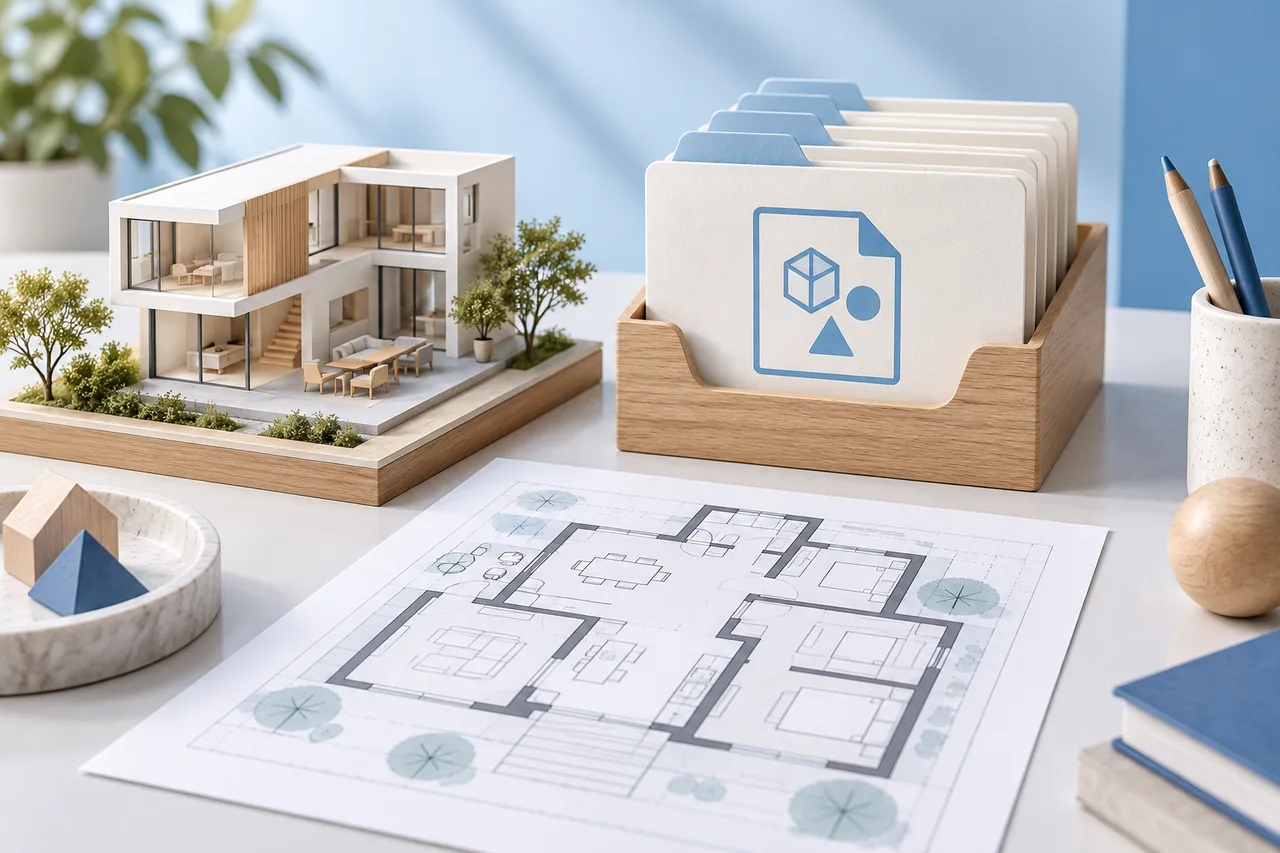 An architectural model beside orderly file cards with simple geometric symbols and a clean plan sheet, conceptual portable project data without readable text.
