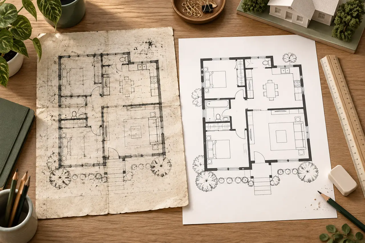 A gently aged blueprint sheet beside a clean restored black-on-white drawing on an architecture desk with ruler and soft eraser.