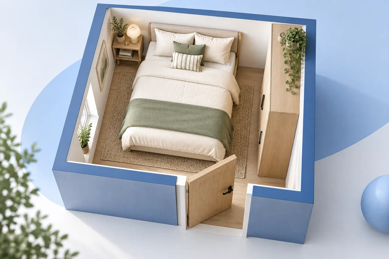 Conceptual bedroom-layout illustration for comparing furniture footprints.