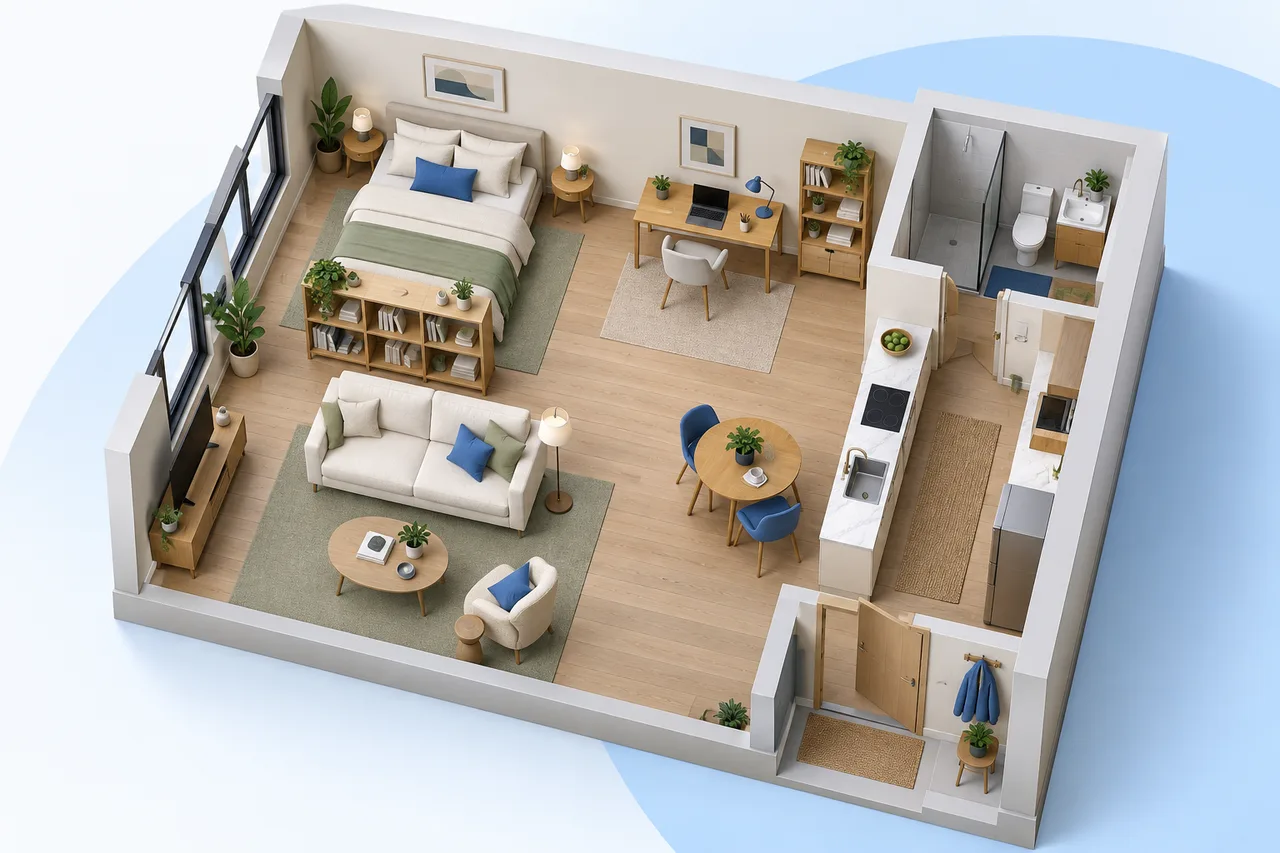 Conceptual compact-home illustration for reviewing a tiny-house brief.