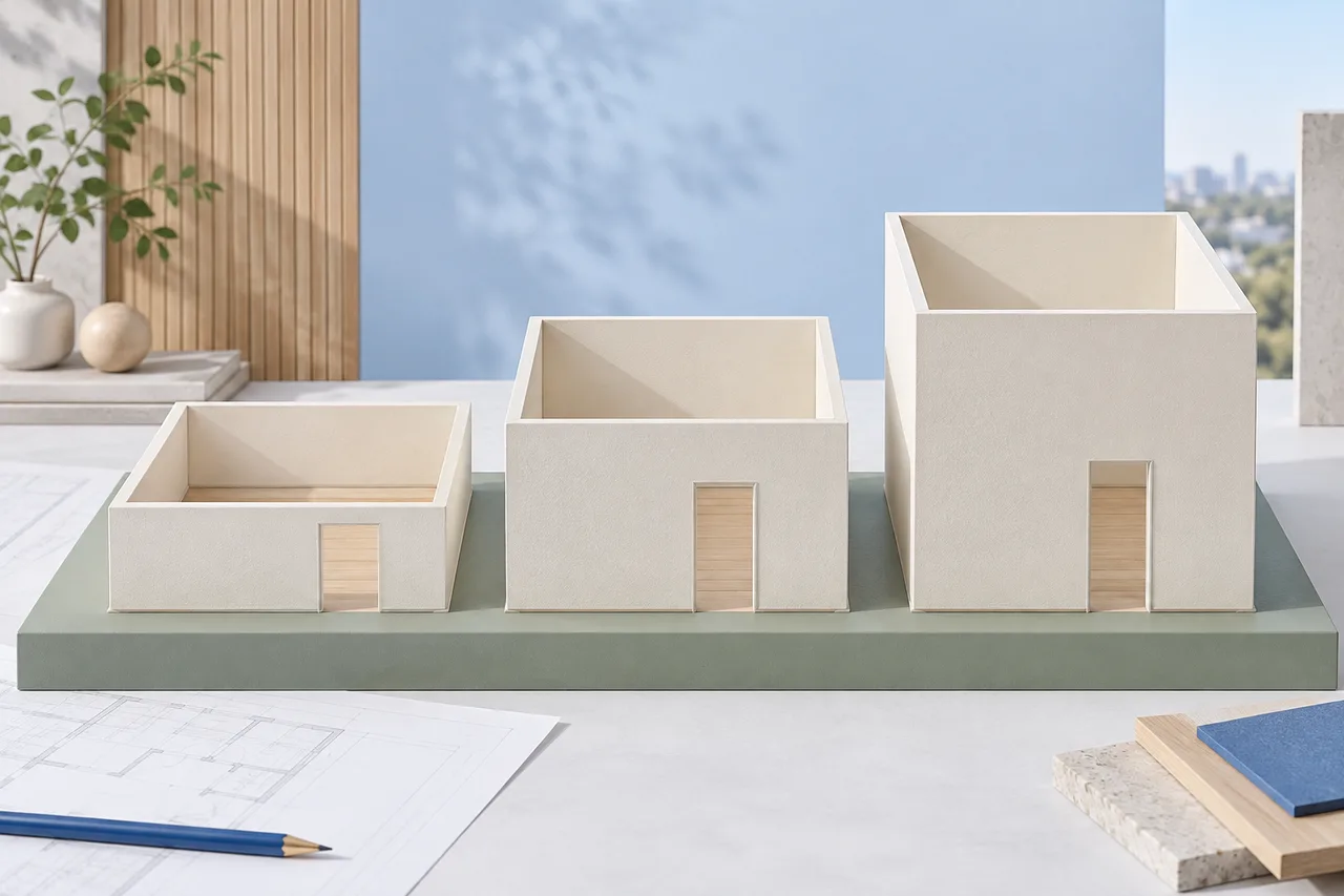 Three simple ivory room wall models of different heights lined up on a sage base, orthographic architectural illustration.
