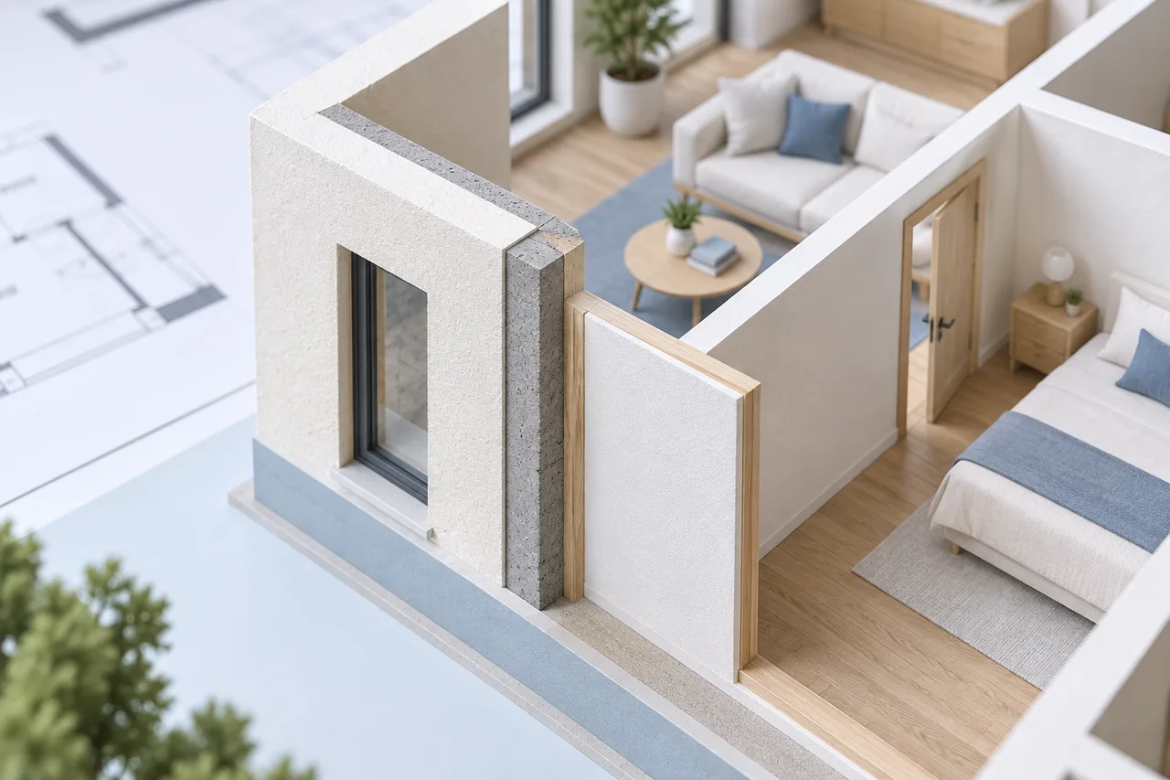 Close-up architectural maquette showing a thicker exterior wall meeting a thinner interior partition, clean cutaway, soft studio lighting.