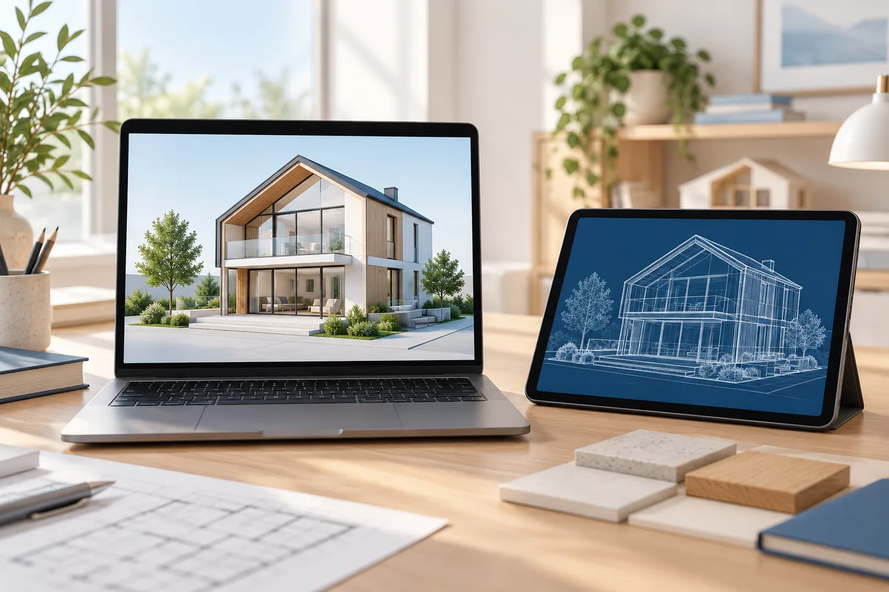 A laptop with a clear simple house model on screen beside a wireframe version on a tablet, warm cream workspace, no error text.