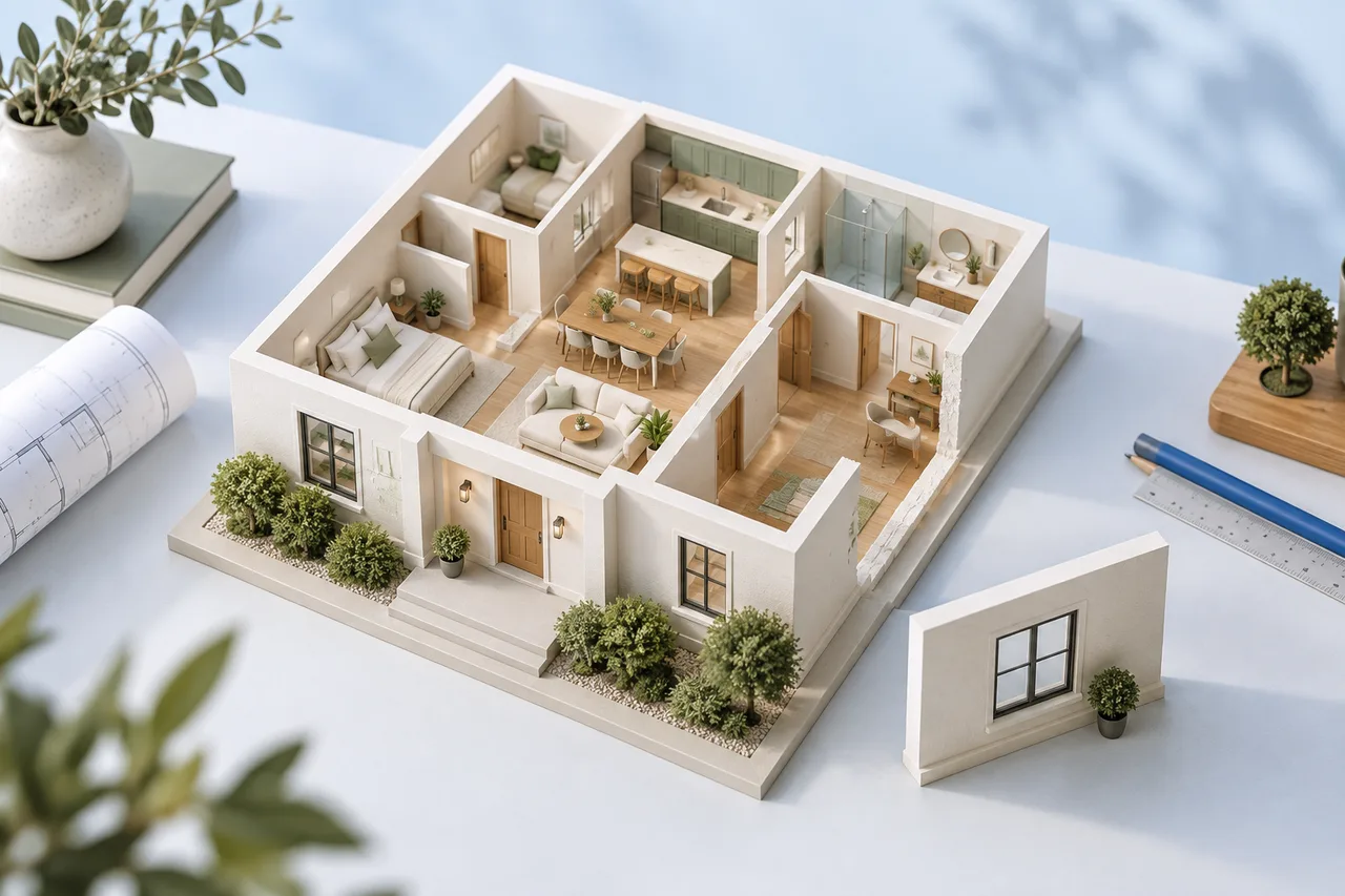 A conceptual open-top ivory house model with one short wall section set slightly aside for inspection, fine sage accents, no impossible structure.