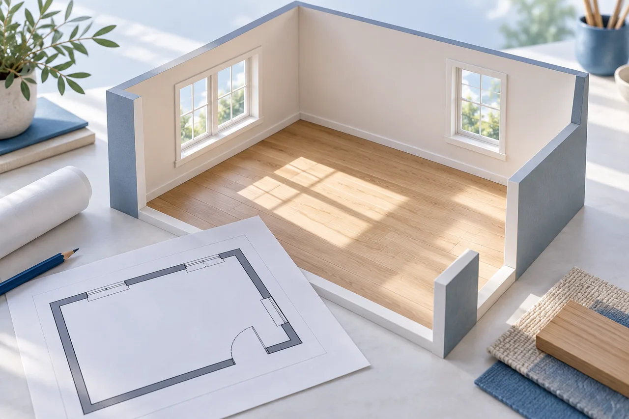 An airy unfurnished room cutaway with two clearly placed windows, sunlight falling across the floor and a simple plan sheet nearby.