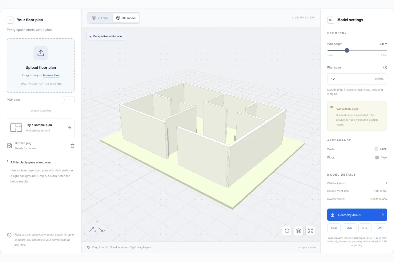 Actual converter interface showing the built-in sample and its detected 3D walls